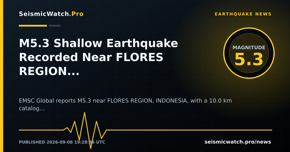 News card for M5.3 Shallow Earthquake Recorded Near FLORES REGION, INDONESIA