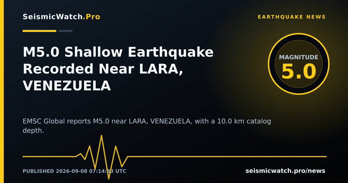 News card for M5.0 Shallow Earthquake Recorded Near LARA, VENEZUELA
