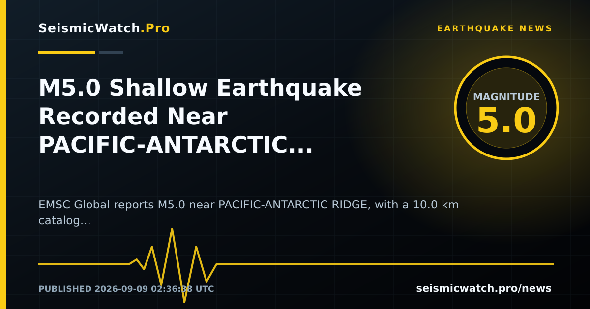News card for M5.0 Shallow Earthquake Recorded Near PACIFIC-ANTARCTIC RIDGE