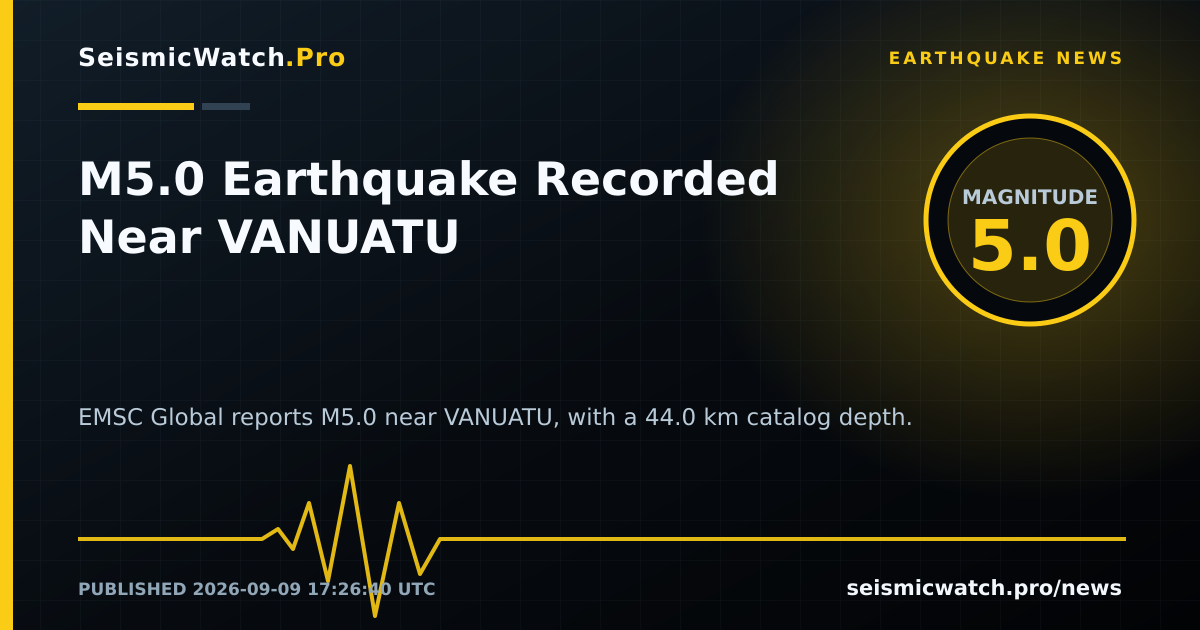 News card for M5.0 Earthquake Recorded Near VANUATU