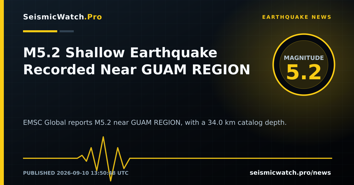 News card for M5.2 Shallow Earthquake Recorded Near GUAM REGION