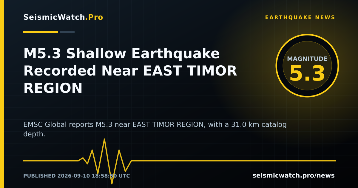 News card for M5.3 Shallow Earthquake Recorded Near EAST TIMOR REGION