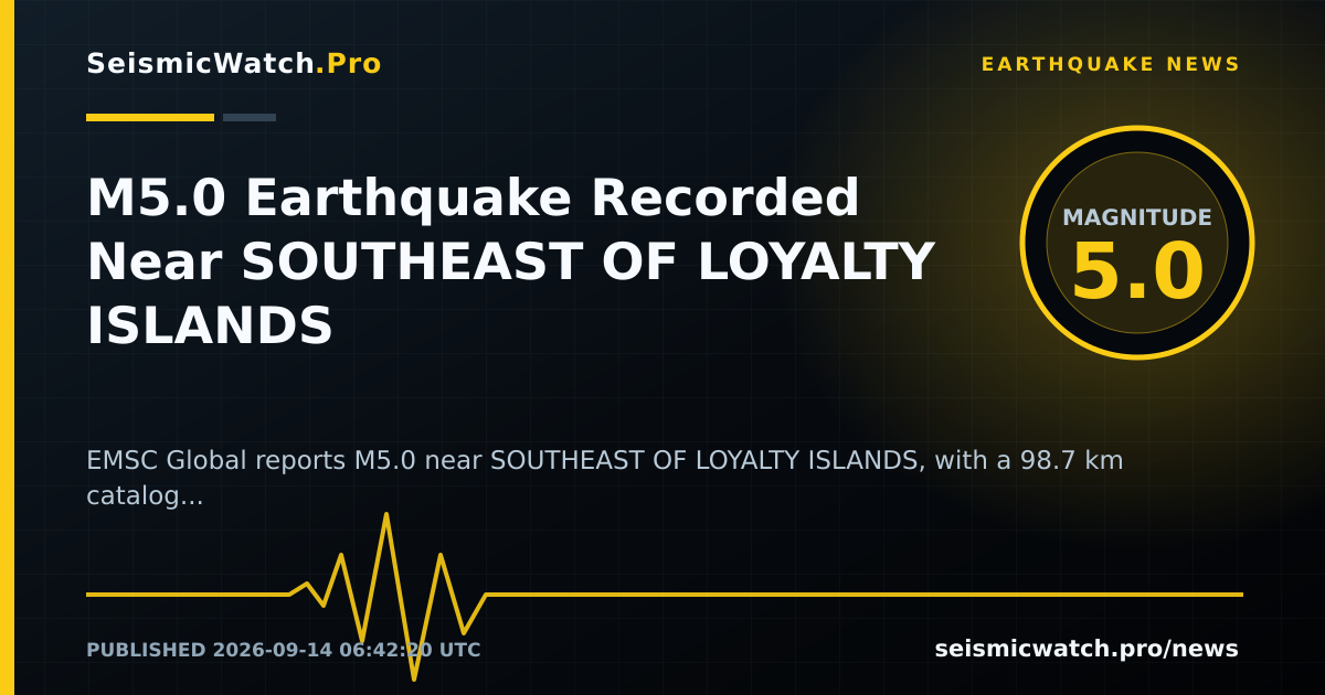 News card for M5.0 Earthquake Recorded Near SOUTHEAST OF LOYALTY ISLANDS