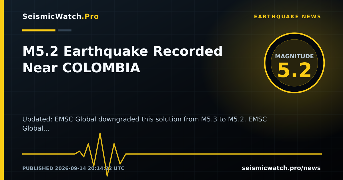 News card for M5.2 Earthquake Recorded Near COLOMBIA