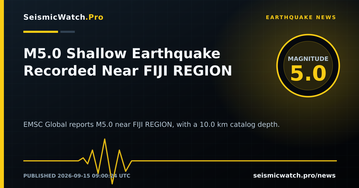News card for M5.0 Shallow Earthquake Recorded Near FIJI REGION