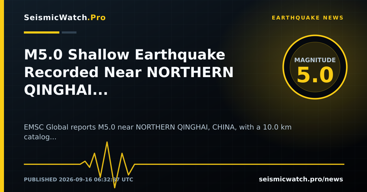 News card for M5.0 Shallow Earthquake Recorded Near NORTHERN QINGHAI, CHINA