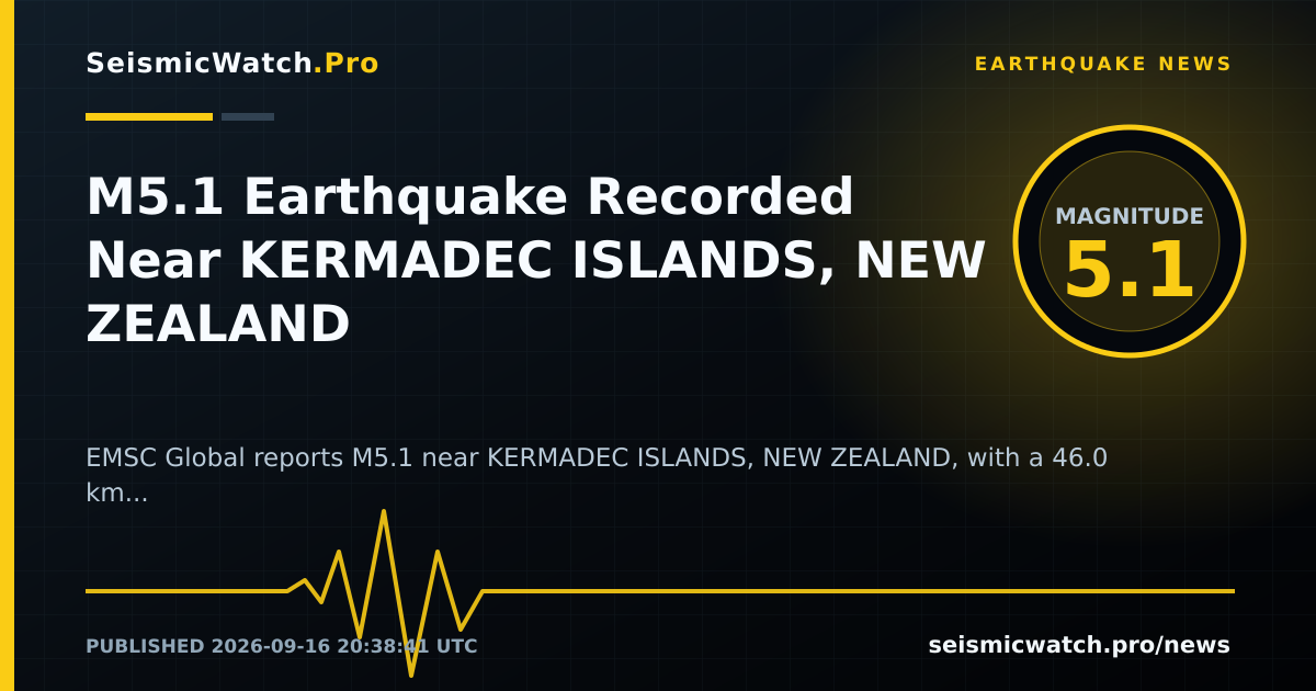News card for M5.1 Earthquake Recorded Near KERMADEC ISLANDS, NEW ZEALAND