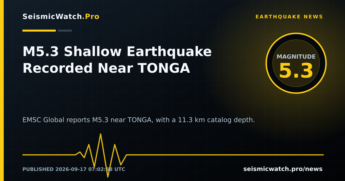 News card for M5.3 Shallow Earthquake Recorded Near TONGA