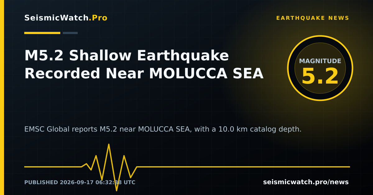News card for M5.2 Shallow Earthquake Recorded Near MOLUCCA SEA