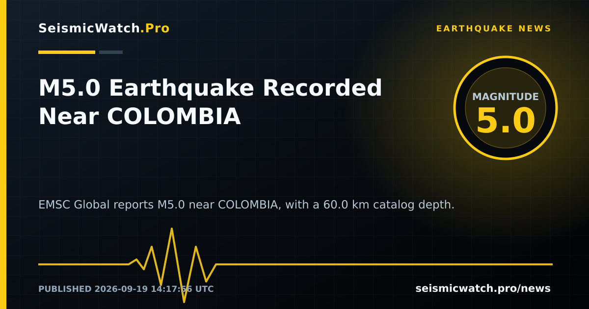 News card for M5.0 Earthquake Recorded Near COLOMBIA