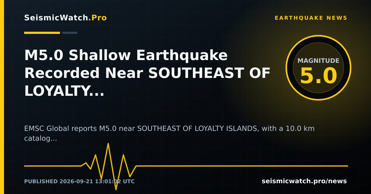 News card for M5.0 Shallow Earthquake Recorded Near SOUTHEAST OF LOYALTY ISLANDS