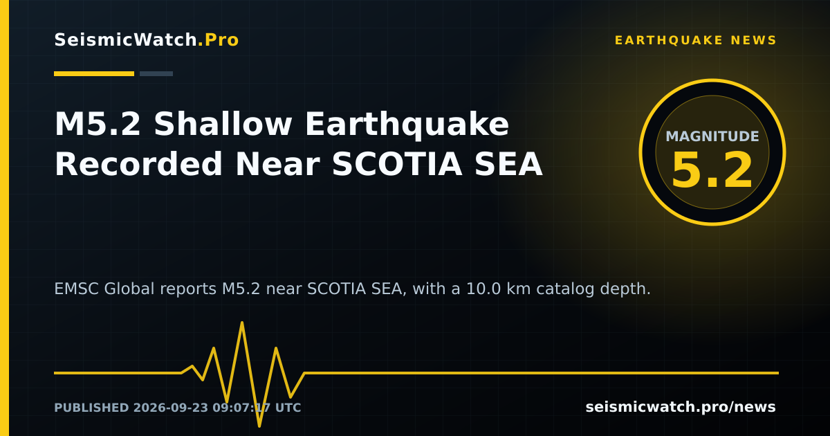 News card for M5.2 Shallow Earthquake Recorded Near SCOTIA SEA