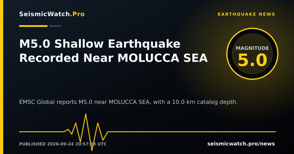 News card for M5.0 Shallow Earthquake Recorded Near MOLUCCA SEA