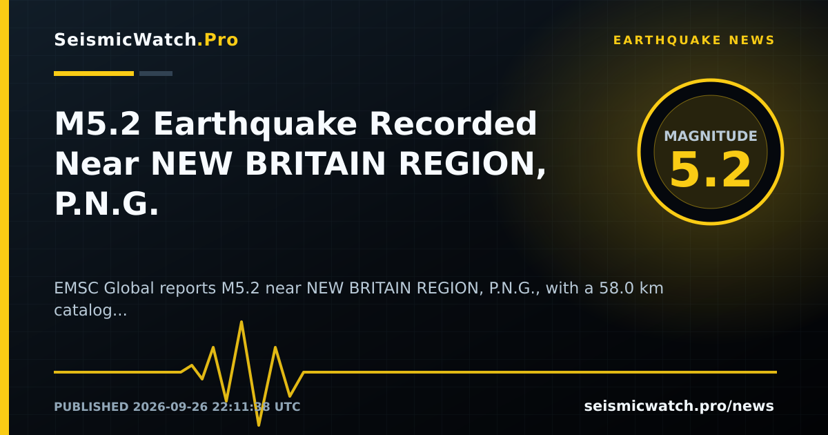 News card for M5.2 Earthquake Recorded Near NEW BRITAIN REGION, P.N.G.