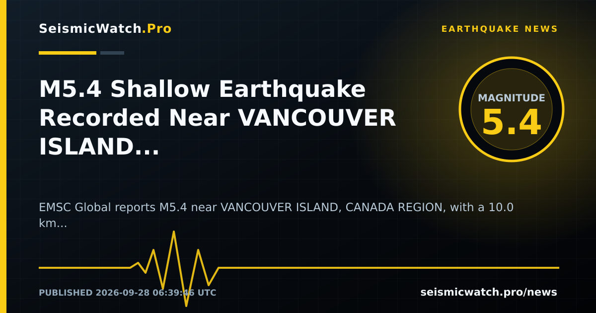 News card for M5.4 Shallow Earthquake Recorded Near VANCOUVER ISLAND, CANADA REGION