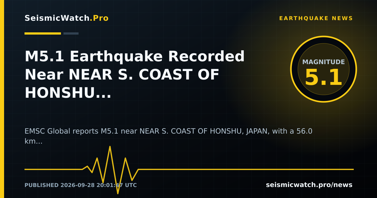 News card for M5.1 Earthquake Recorded Near NEAR S. COAST OF HONSHU, JAPAN