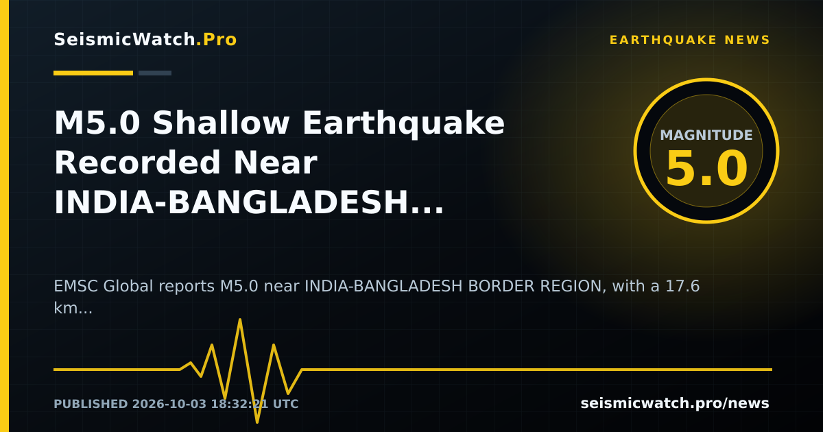News card for M5.0 Shallow Earthquake Recorded Near INDIA-BANGLADESH BORDER REGION