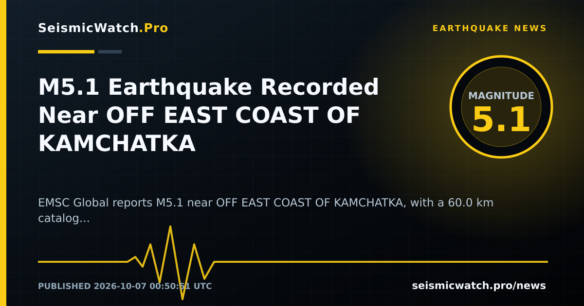 News card for M5.1 Earthquake Recorded Near OFF EAST COAST OF KAMCHATKA