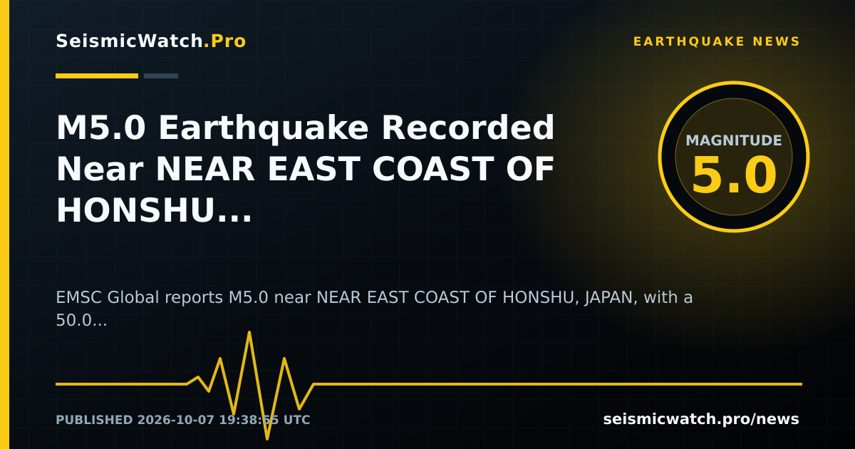 News card for M5.0 Earthquake Recorded Near NEAR EAST COAST OF HONSHU, JAPAN