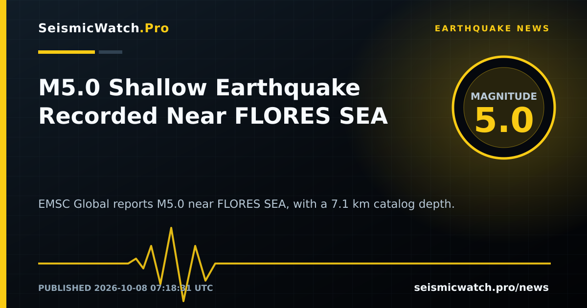 News card for M5.0 Shallow Earthquake Recorded Near FLORES SEA