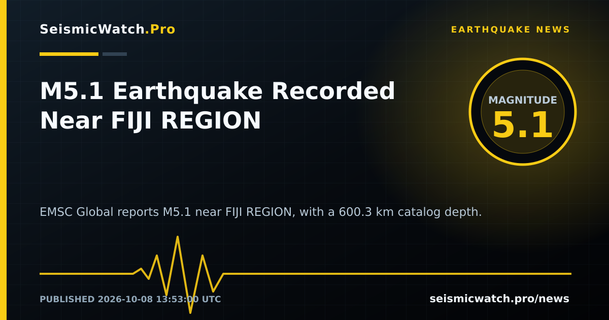 News card for M5.1 Earthquake Recorded Near FIJI REGION