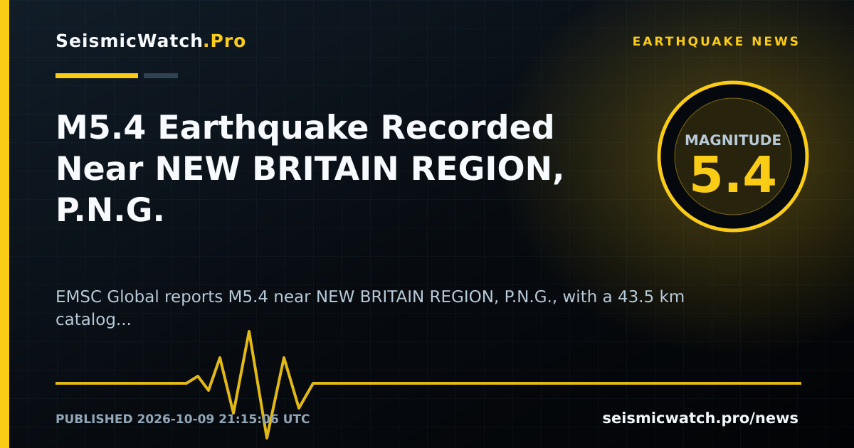 News card for M5.4 Earthquake Recorded Near NEW BRITAIN REGION, P.N.G.