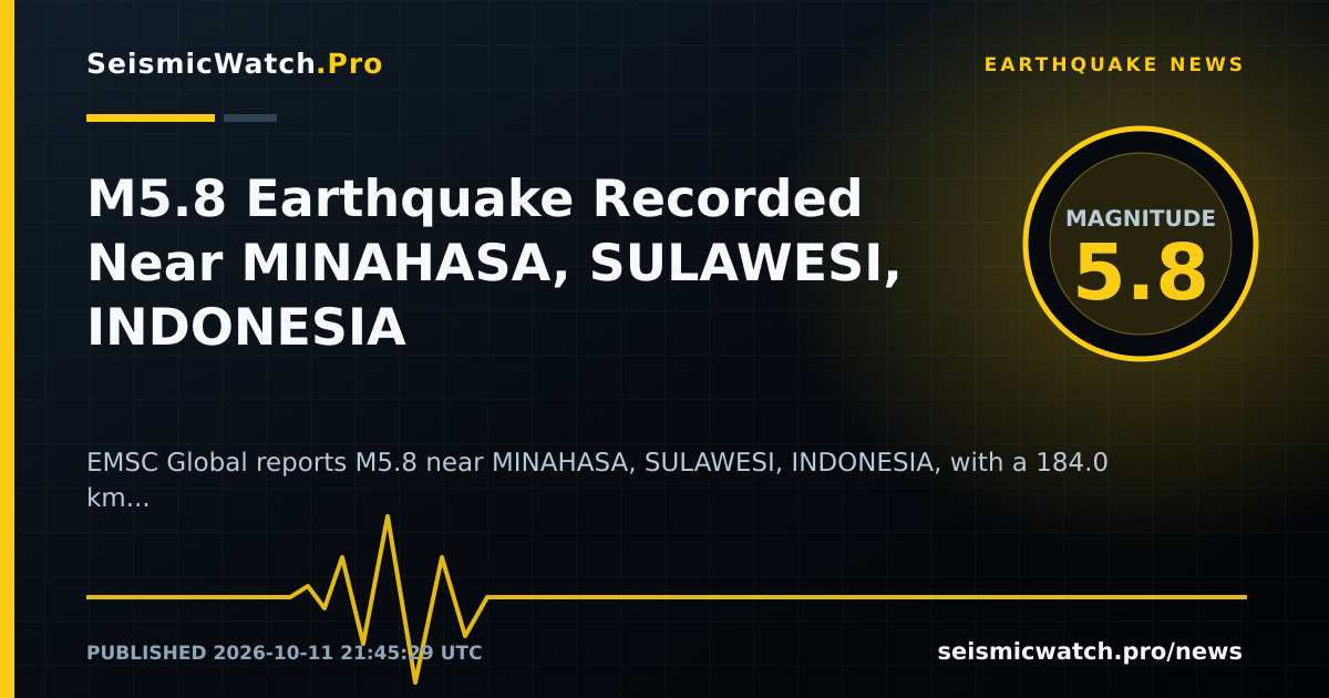 News card for M5.8 Earthquake Recorded Near MINAHASA, SULAWESI, INDONESIA