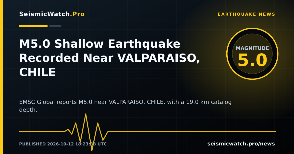 News card for M5.0 Shallow Earthquake Recorded Near VALPARAISO, CHILE