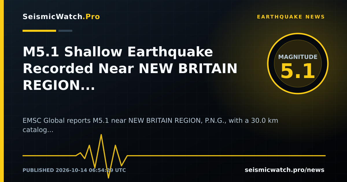 News card for M5.1 Shallow Earthquake Recorded Near NEW BRITAIN REGION, P.N.G.
