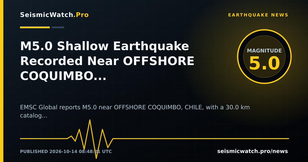 News card for M5.0 Shallow Earthquake Recorded Near OFFSHORE COQUIMBO, CHILE