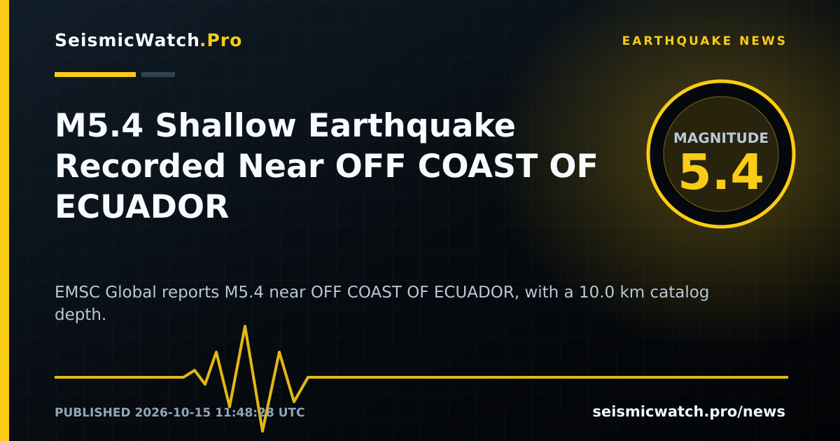 News card for M5.4 Shallow Earthquake Recorded Near OFF COAST OF ECUADOR