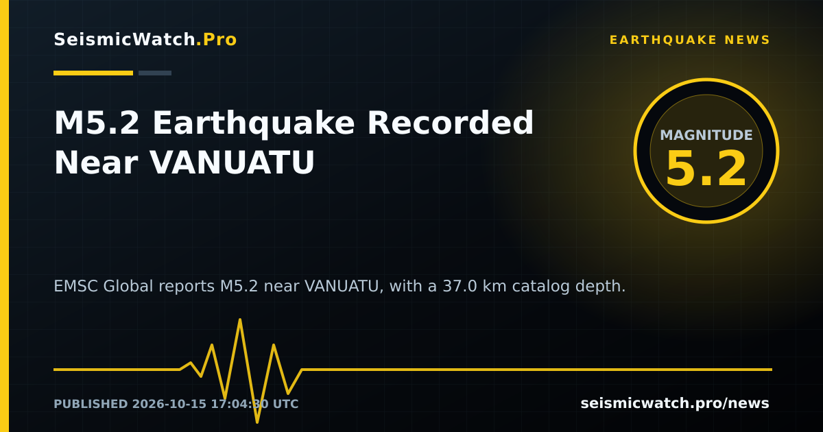 News card for M5.2 Earthquake Recorded Near VANUATU