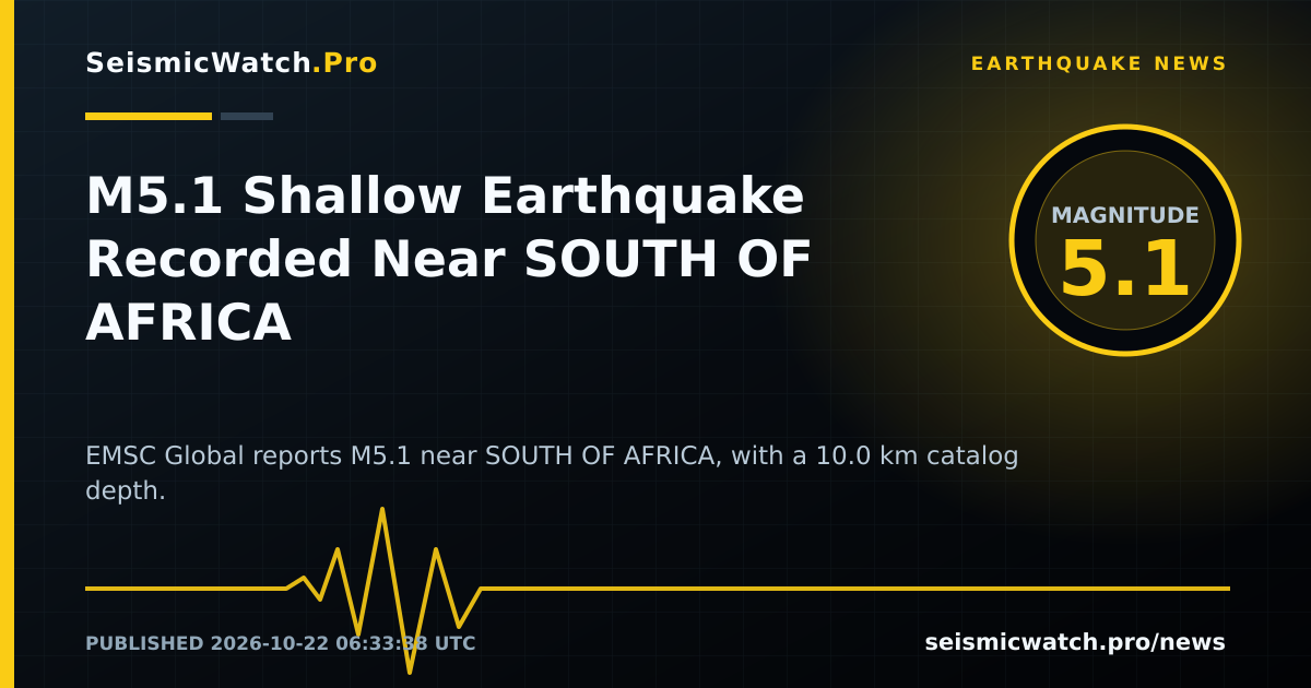 News card for M5.1 Shallow Earthquake Recorded Near SOUTH OF AFRICA