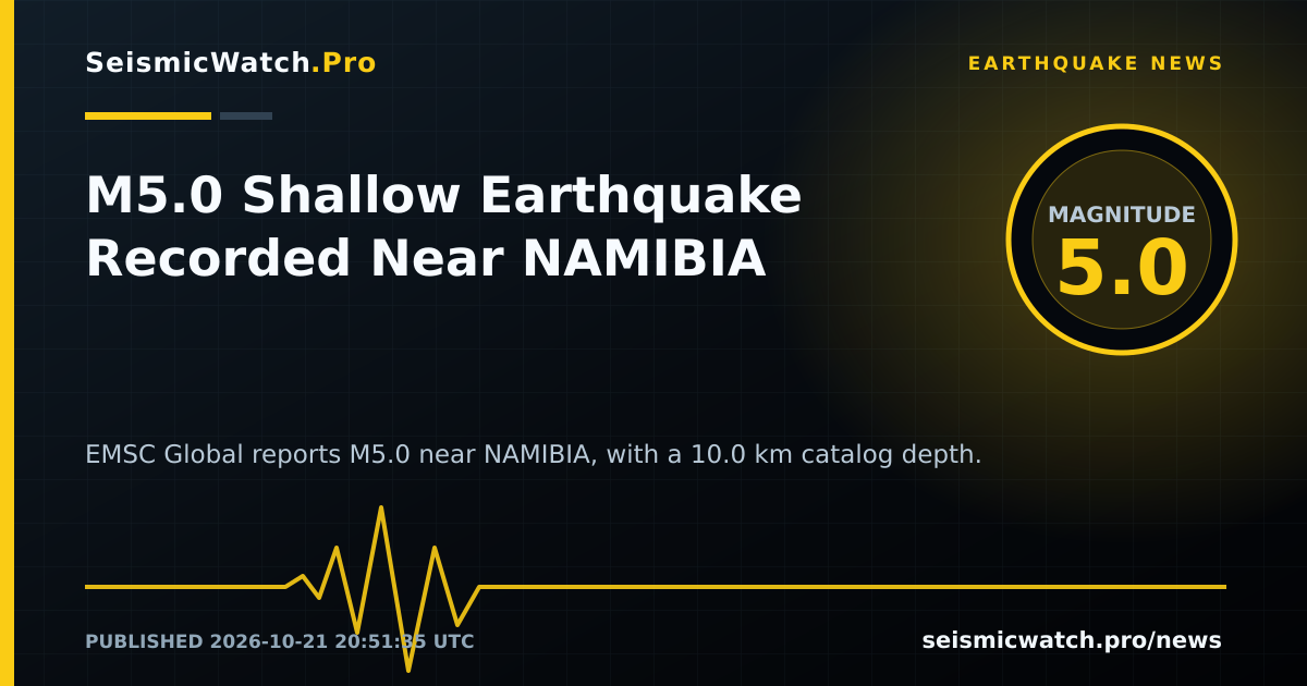 News card for M5.0 Shallow Earthquake Recorded Near NAMIBIA