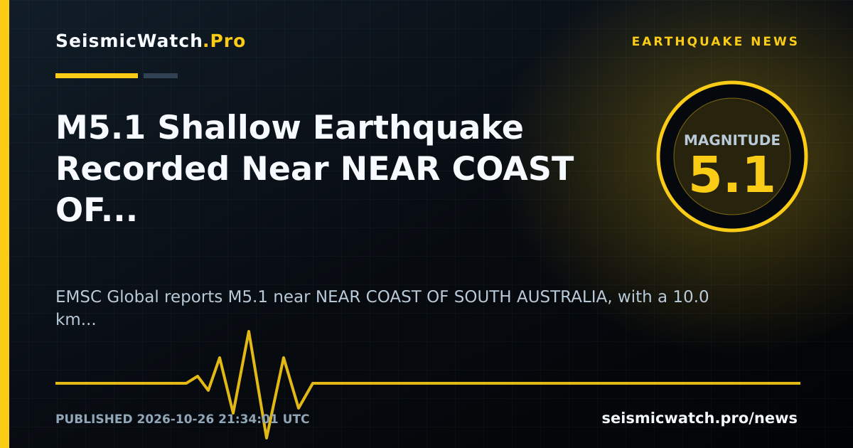 News card for M5.1 Shallow Earthquake Recorded Near NEAR COAST OF SOUTH AUSTRALIA