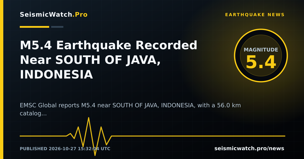 News card for M5.4 Earthquake Recorded Near SOUTH OF JAVA, INDONESIA
