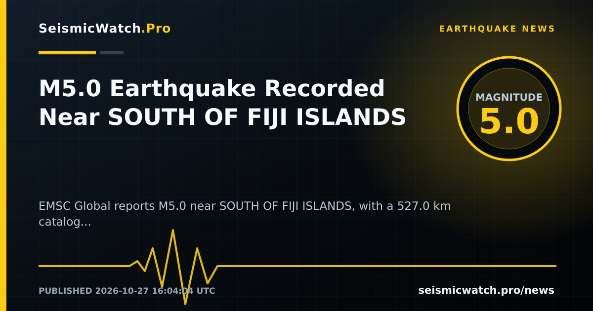News card for M5.0 Earthquake Recorded Near SOUTH OF FIJI ISLANDS