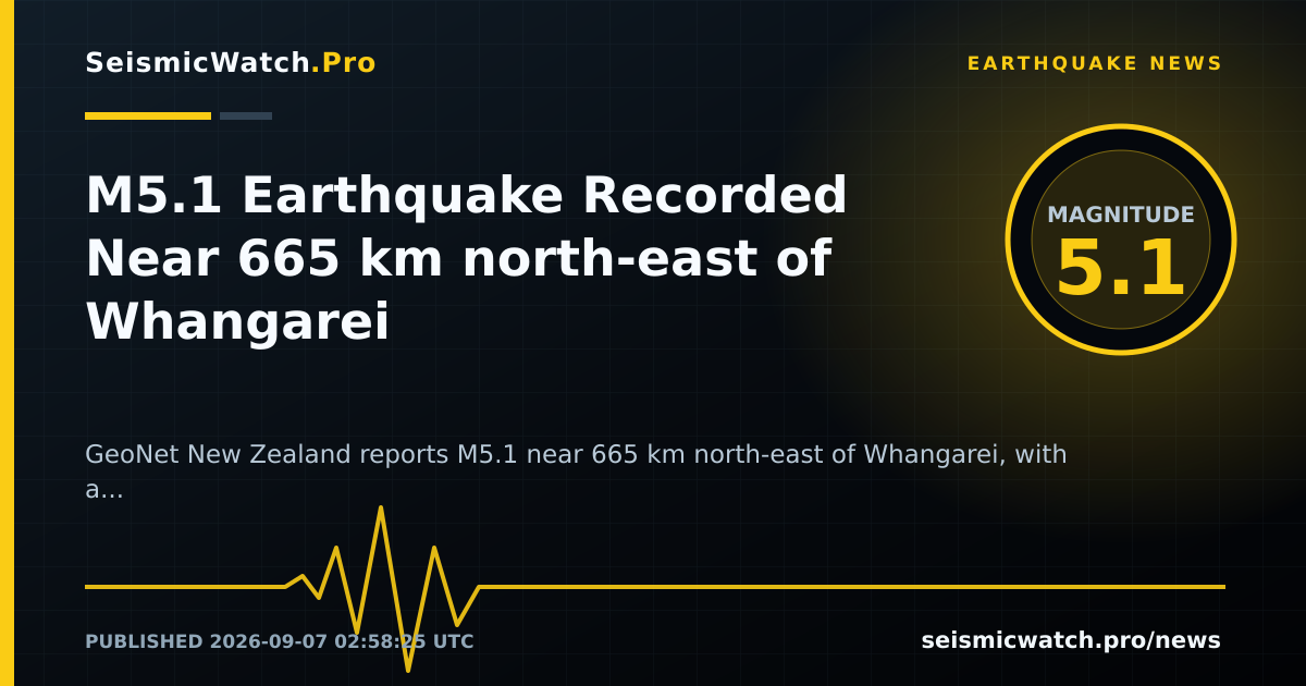 News card for M5.1 Earthquake Recorded Near 665 km north-east of Whangarei