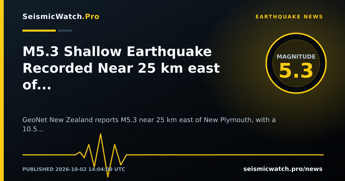 News card for M5.3 Shallow Earthquake Recorded Near 25 km east of New Plymouth