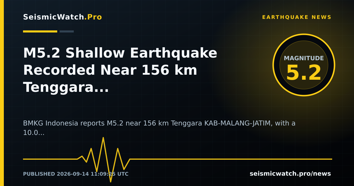 News card for M5.2 Shallow Earthquake Recorded Near 156 km Tenggara KAB-MALANG-JATIM