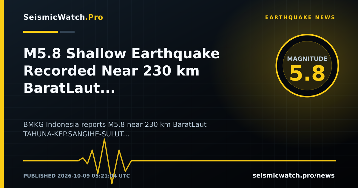 News card for M5.8 Shallow Earthquake Recorded Near 230 km BaratLaut TAHUNA-KEP.SANGIHE-SULUT