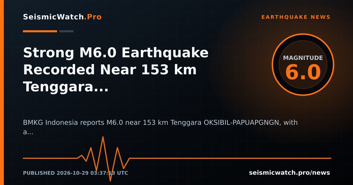 News card for Strong M6.0 Earthquake Recorded Near 153 km Tenggara OKSIBIL-PAPUAPGNGN