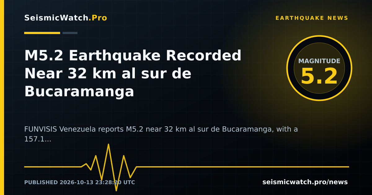News card for M5.2 Earthquake Recorded Near 32 km al sur de Bucaramanga