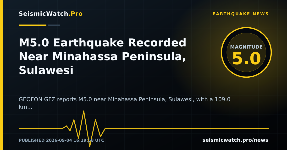News card for M5.0 Earthquake Recorded Near Minahassa Peninsula, Sulawesi