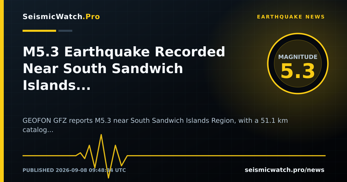 News card for M5.3 Earthquake Recorded Near South Sandwich Islands Region