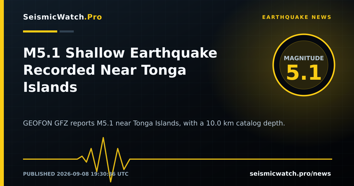 News card for M5.1 Shallow Earthquake Recorded Near Tonga Islands