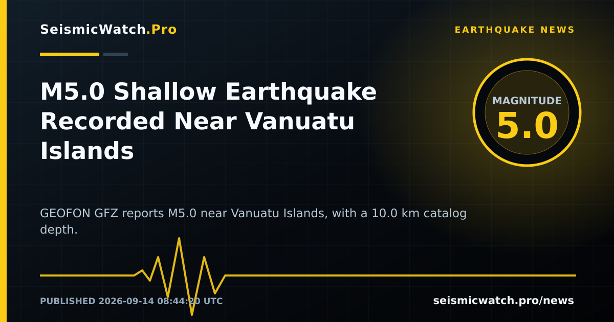 News card for M5.0 Shallow Earthquake Recorded Near Vanuatu Islands