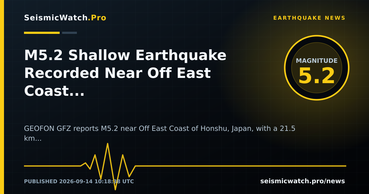 News card for M5.2 Shallow Earthquake Recorded Near Off East Coast of Honshu, Japan