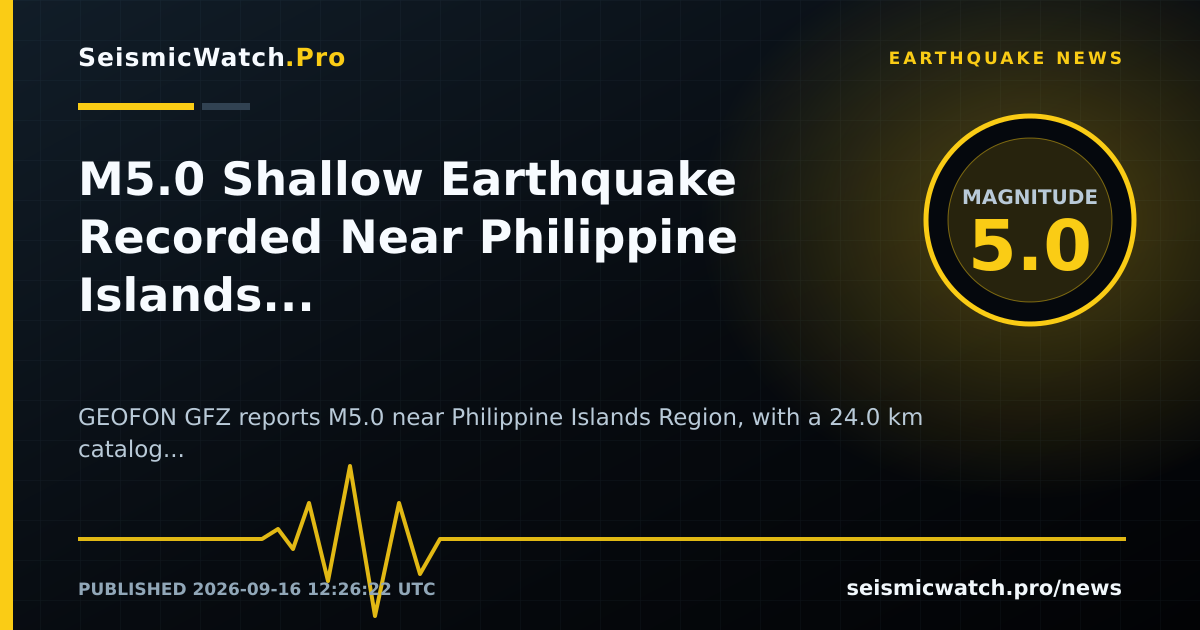 News card for M5.0 Shallow Earthquake Recorded Near Philippine Islands Region