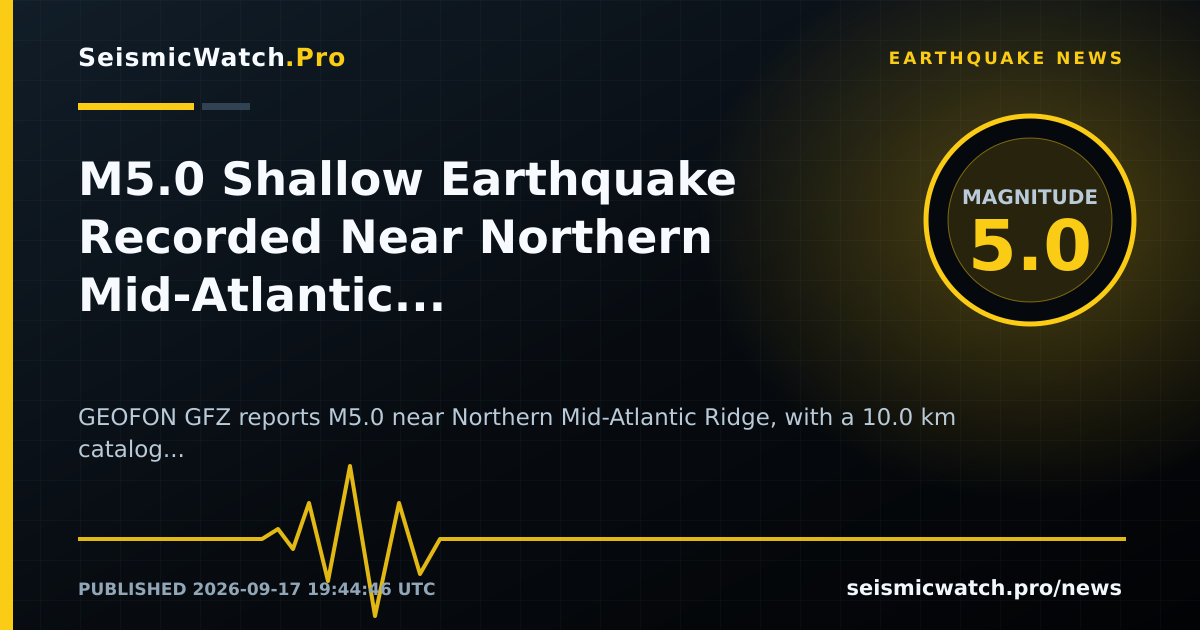 News card for M5.0 Shallow Earthquake Recorded Near Northern Mid-Atlantic Ridge